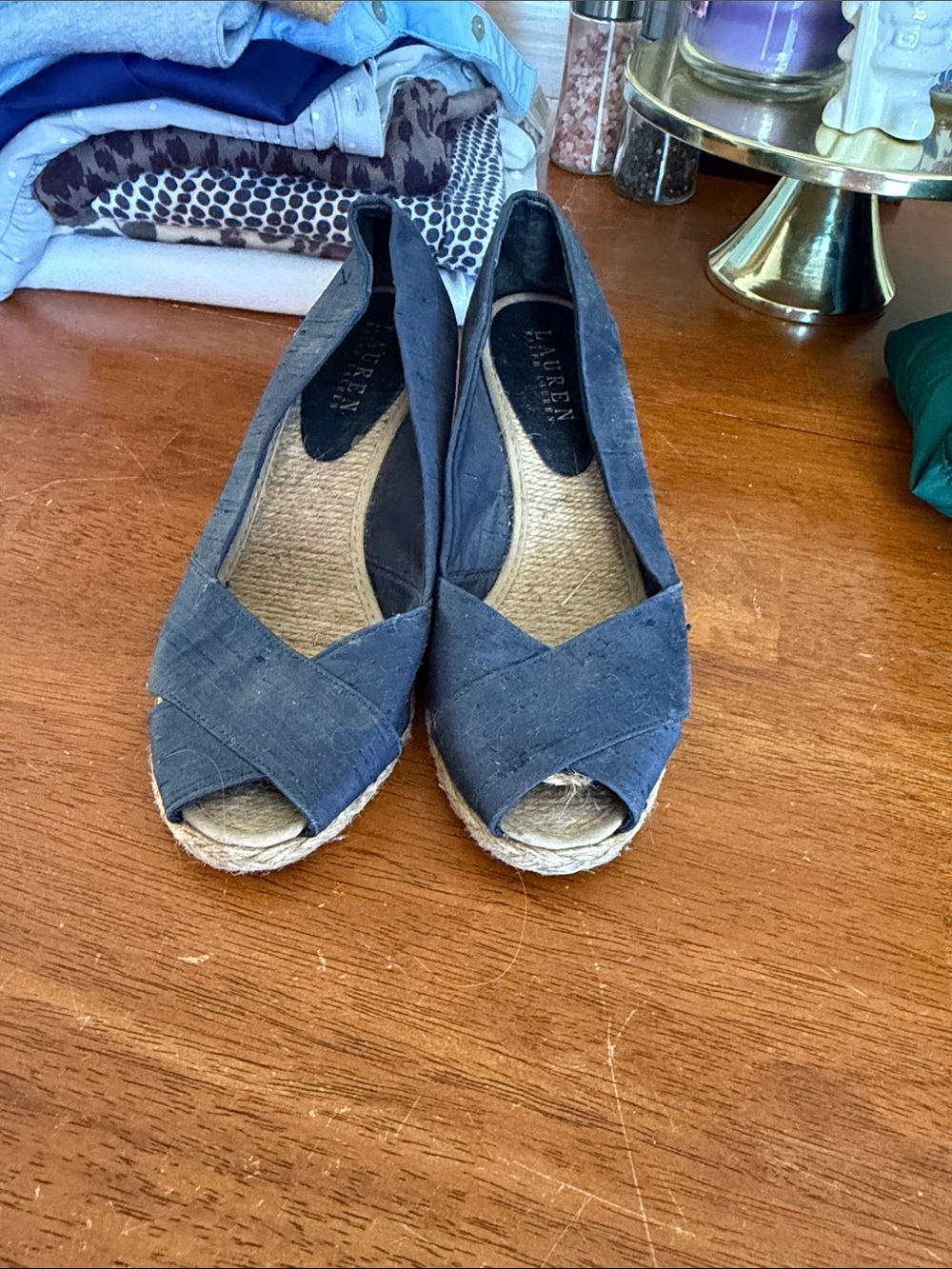 Lauren Ralph Lauren Navy Espadrille Peep-Toe Wedge Sandals